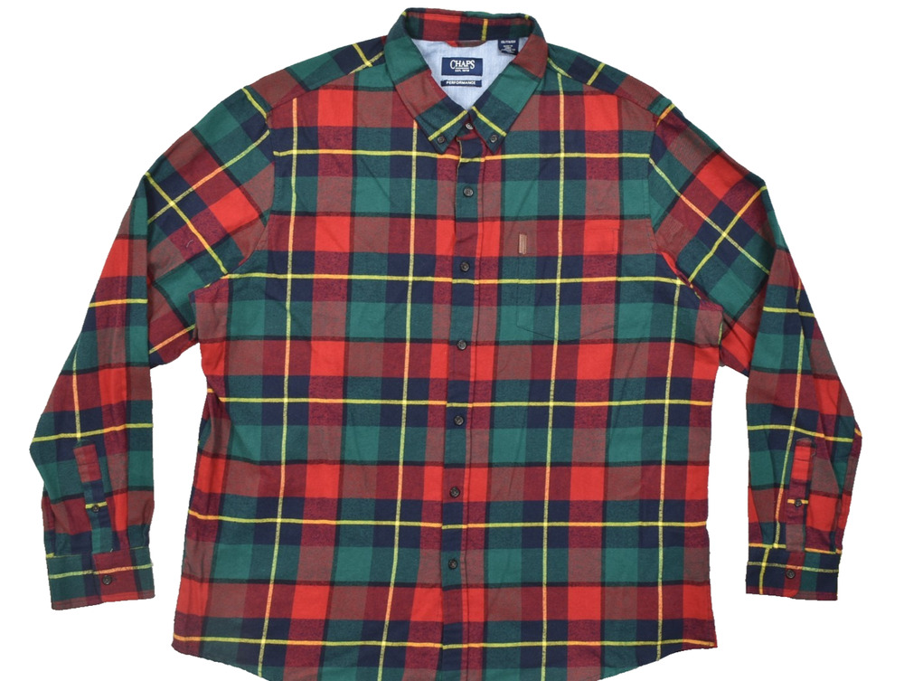 Chaps Performance Men XXL Plaid Flannel Shirt Long Sleeve Cotton Red Green Blue